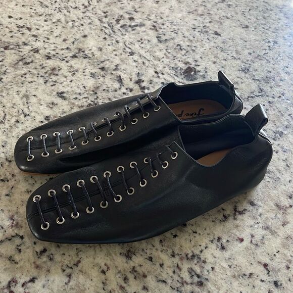 Free People Womens Lace Up Square‎ Toe Slip On Flat Shoes Black Size 38 US 7.5 - Picture 3 of 6